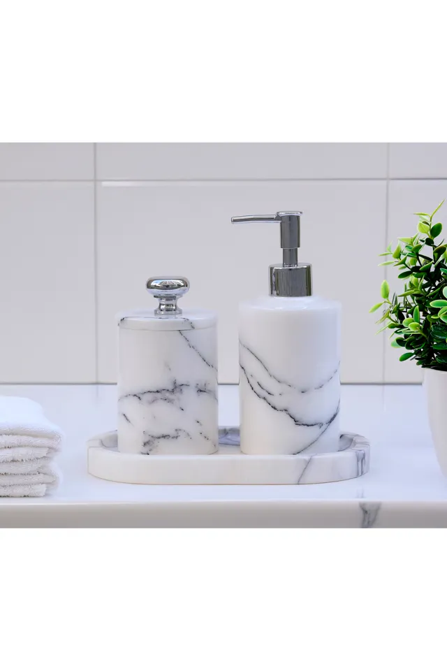 Marbelix Aurelia - 3 Parça Mermer Banyo Seti – Damarlı Beyaz Mermer - Sabunluk, Kapaklı Diş Fırçalık, Tepsi