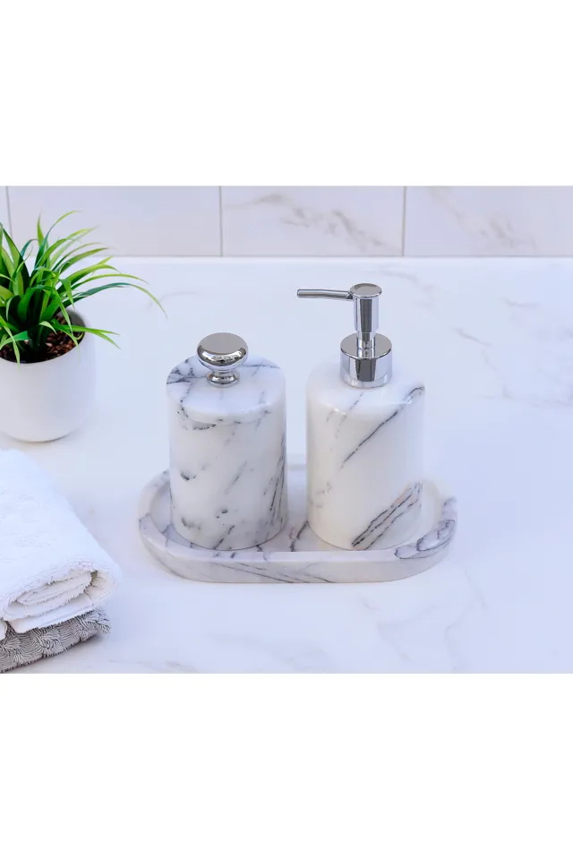 Marbelix Valeria - 3 Parça Mermer Banyo Seti - Sıvı Sabunluk, Kapaklı Kutu, Tepsi