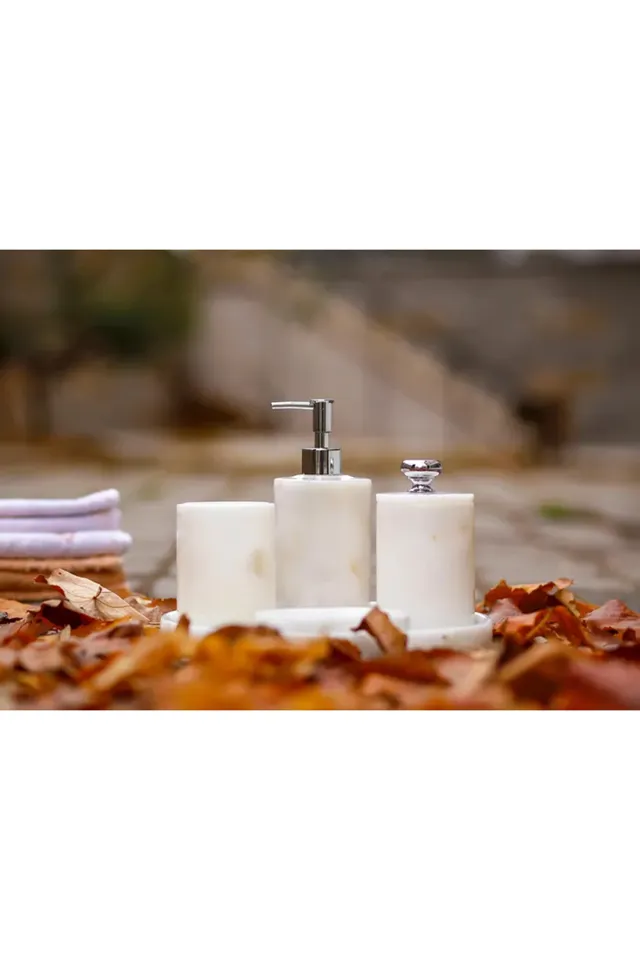 Marbelix Aurelia Mermer 5 Parça Banyo Seti – Sıvı Sabunluk, Diş Fırçalık, Katı Sabunluk, Pamukluk Ve Tepsi