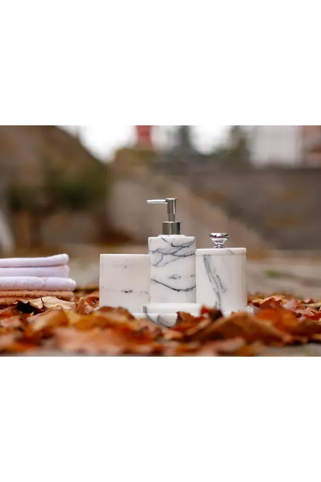Marbelix Aurelia Mermer 5 Parça Banyo Seti – Sıvı Sabunluk, Diş Fırçalık, Katı Sabunluk, Pamukluk Ve Tepsi