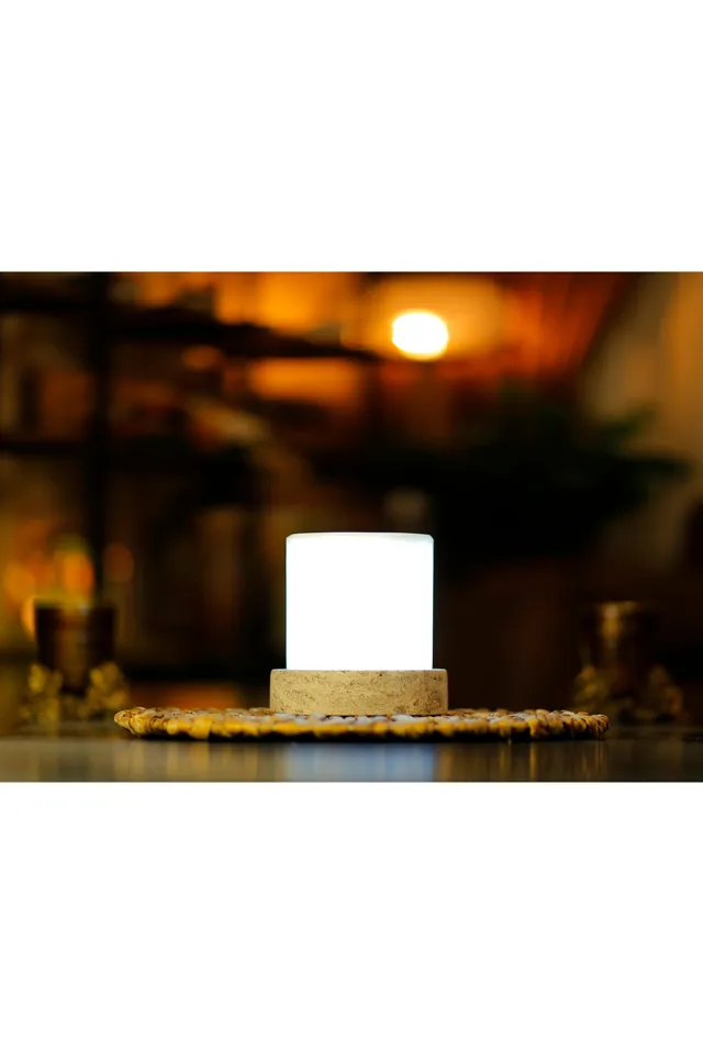 Marbelix Candela 13cm Mermer ve Traverten Masa Lambası, Mermer Abajur, Lüks Gece Lambası (Led Lamba Dahil)