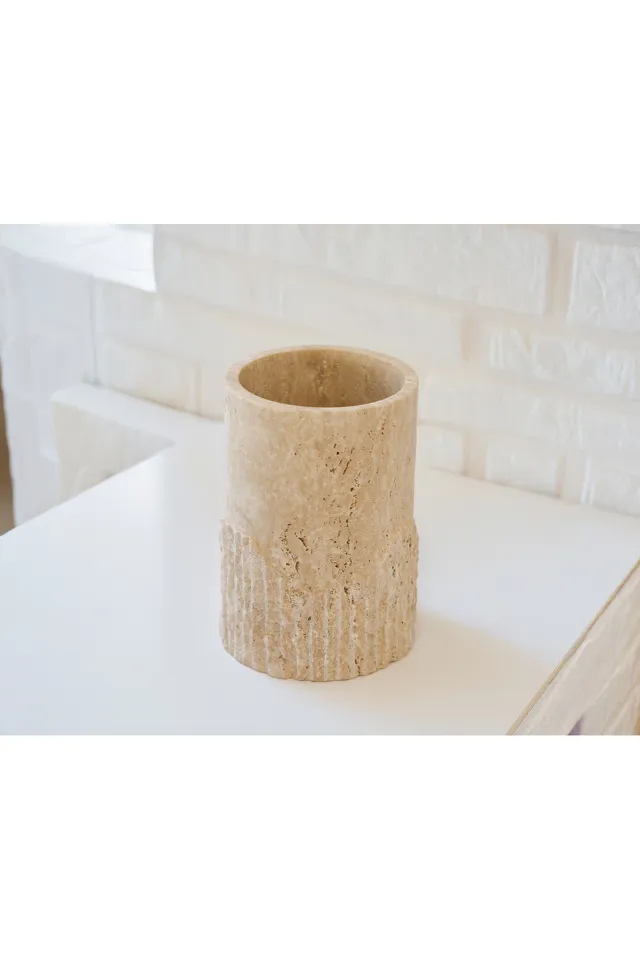 Marbelix Serena - Bej Traverten Vazo 18cm - El İşçiliği Özel Tasarım Ürün - Doğal Taş Vazo