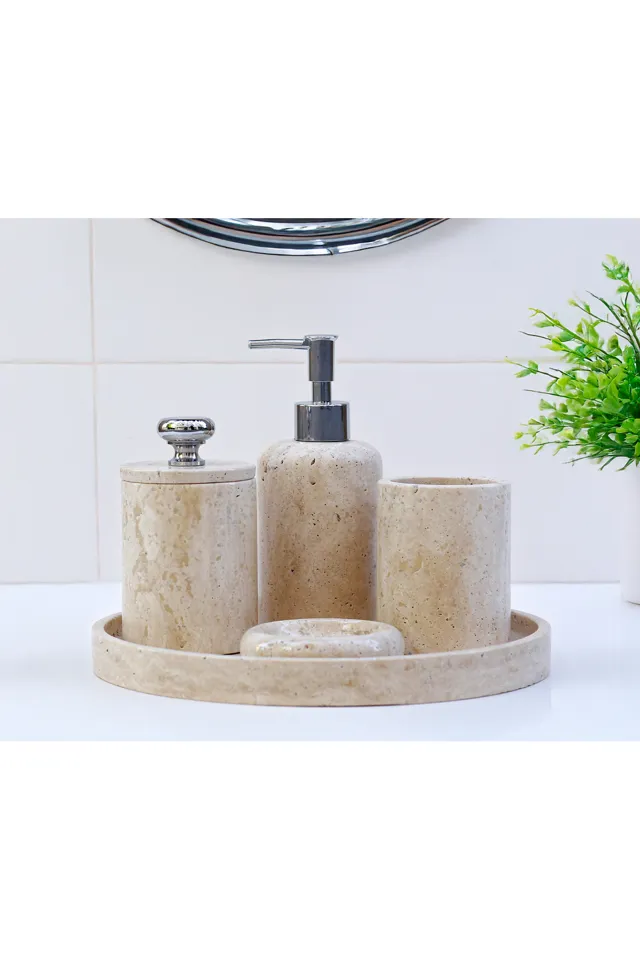 Marbelix Valeria - 5 Parça Mermer Banyo Seti - Sıvı Sabunluk, Tepsi, Pamukluk, Diş Fırçalığı, Katı Sabunluk