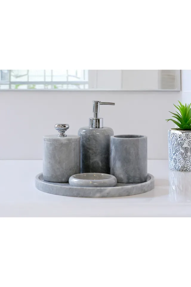 Marbelix Valeria - 5 Parça Mermer Banyo Seti - Sıvı Sabunluk, Tepsi, Pamukluk, Diş Fırçalığı, Katı Sabunluk