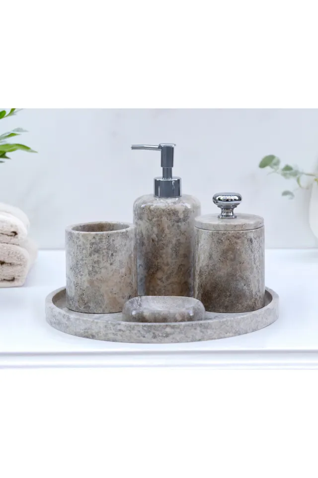 Marbelix Valeria - 5 Parça Mermer Banyo Seti - Sıvı Sabunluk, Tepsi, Pamukluk, Diş Fırçalığı, Katı Sabunluk